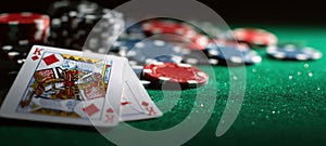 The King of Diamonds Among Casino Chips on a Green Table. AI generated image