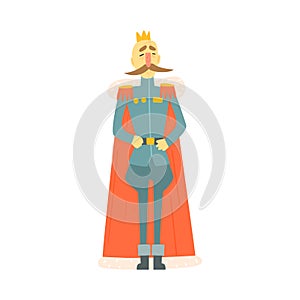 King Emperor In Military Official Clothing And Cape With Moustache Standing Fairy-Tale Cartoon Childish Character