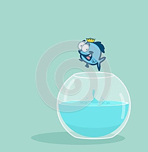 King fish jumping out of fishbowl vector