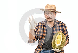 King of fruit in Thailand , Asian man farmer holding Mon Thong Durian and show OK sign hand isolated on white