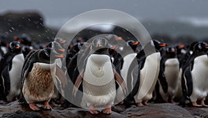 King and Gentoo penguins waddle on icy African coastline generated by AI