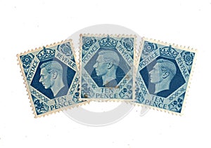 King George VI ten pence postage stamps from Great Britain.