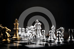 King golden chess standing confront of the silver chess team concepts of leadership and business strategy