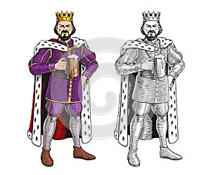 King holding a mug of beer on a white background. Color and black and white monochrome versions. Vector illustration.