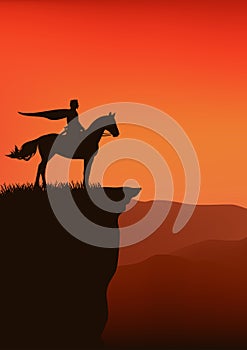 King horse rider vector silhouette outline at sunset cliff