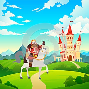 King on horseback. Prince rides to castle on horse on medieval mansion landscape, illustration for child fairytale