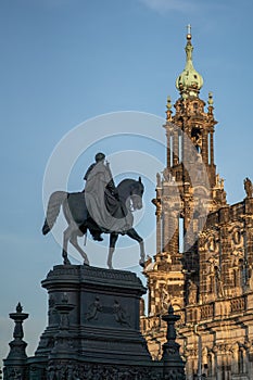 King Johann of Saxony Statue at Theaterplatz and Catholic Cathedral Tower - Dresden, Germany