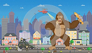 King kong in pixel-game layout design. Gorilla attacks humanity, holds pixel girl in hands