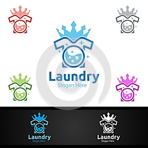 King Laundry Dry Cleaners Logo with Clothes, Water and Washing Concept