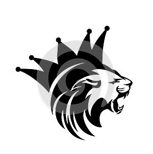 King lion head and royal crown black and white vector outline design