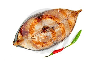 King mackerel or spotted mackerels steak isolated on white background ,fried Scomberomorus fish