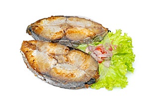 King mackerel or spotted mackerels steak isolated on white background ,fried Scomberomorus fish