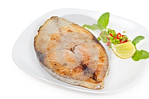 King mackerel steak on white background,fried fish