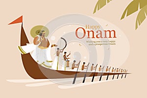 King Mahabali and rowers in a snake boat celebrating Onam