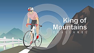 king of mountains challange. cyclist ride road bike up hill cycling with mountains background. flat style vector illustration