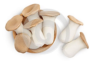 King Oyster mushroom or Eringi in wooden bowl isolated on white background with clipping path. Top view. Flat lay