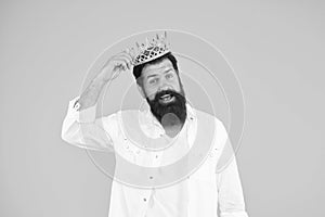 King of party. Egoist selfish man. Narcissistic person. Superiority complex. Bearded man wear white. Love yourself