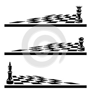 King and pawn piece on chess game board black vector copy space design