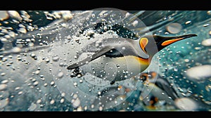 King penguin diving with detailed feathers and bubbles in southern ocean underwater scene