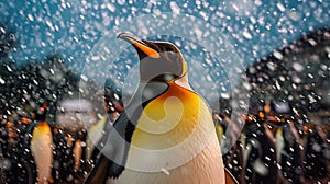 A king penguin gazes skyward as snow falls gently. In the background, other members of the penguin colony also enjoy the rare