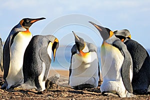 King penguins with chick, aptenodytes patagonicus, Saunders, Falkland Islands