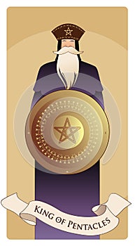 King of Pentacles with crown and long beard holding golden shield with the symbol of the pentacle in the center.