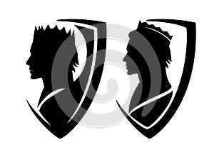 King or prince profile head and heraldic shield black vector design