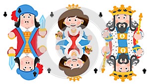 King, prince, queeen Clubs. Playing cards with cartoon cute characters