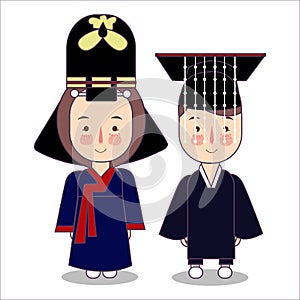 King and Queen ceremonial traditional national clothes of Korea. Set of cartoon characters in traditional costume