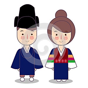 King and Queen ceremonial traditional national clothes of Korea. Set of cartoon characters in traditional costume