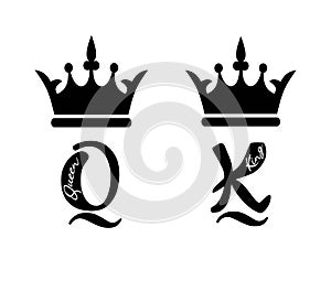 King Queen crown black vector calligraphy sign.K and Q Alphabet Letter.