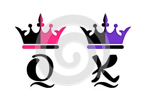 King Queen crown calligraphy sign.K and Q Alphabet Letter.