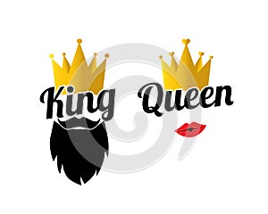 King and queen with crown, couple illustration, vector. King with beard silhouette, queen with lipstick silhouette isolated