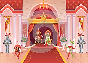 King and queen. interior medieval royal palace throne monarchy ceremony room, fantasy jesters and knights, fairy tale