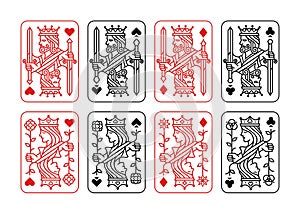 King and queen playing card vector illustration set of hearts, Spade, Diamond and Club in red and black color.