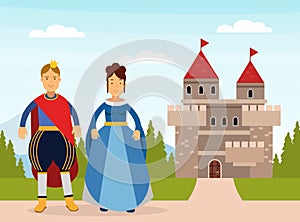 King and queen standing in front of stone castle. Medieval couple on summer landscape cartoon vector