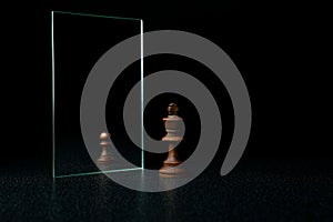 The king is reflected in the mirror as a pawn on white background.
