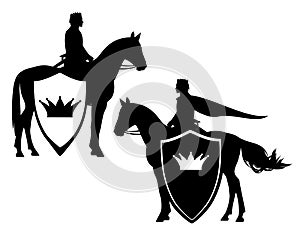 King ridinghorse with heraldic crown shield black vector outline