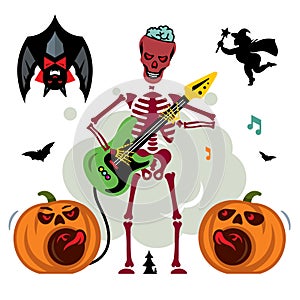 King of Rock. Skeleton guitar player. Vector Cartoon Illustration.