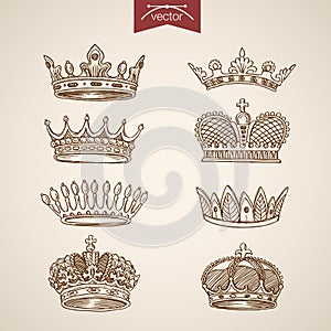 King royal crown icon set engraving lineart retro vintage vector