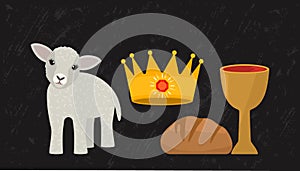 The king`s crown, a bowl of wine and bread, a lamb as a symbol of the sacrifice of Jesus Christ