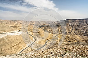 King`s road in valley with view of the Mujib damn, Jordan