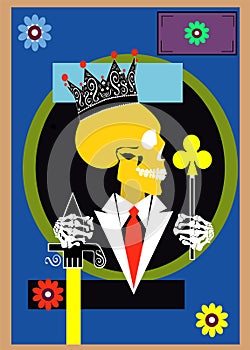 King skull with crown ,Playing Card colorful floral vector background illustration
