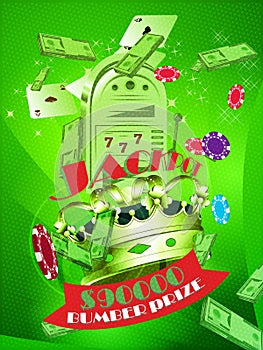 King slots 777 banner casino banner or flyer with slot machine, chips, playing cards, money on a green background.