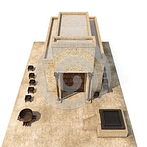 King Solomon`s temple Beit HaMikdash in hebrew name with large basin call Brazen Sea and bronze altar on white. 3D