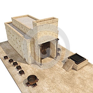 King Solomon`s temple Beit HaMikdash in hebrew name with large basin call Brazen Sea and bronze altar on white. 3D