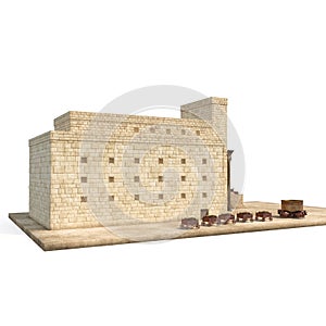 King Solomon`s temple with large basin call Brazen Sea and bronze altar on white. 3D illustration