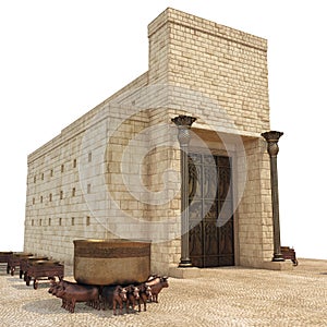 King Solomon`s temple with large basin call Brazen Sea and bronze altar on white. 3D illustration