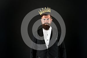 King of style. bearded man wear golden crown. elegant man in formal wear at special event. Party king. he is vip client