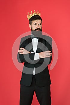 King of style. Man groom in wedding suit. Big boss style. Formal event. King crown. Bearded man in tuxedo and bow tie